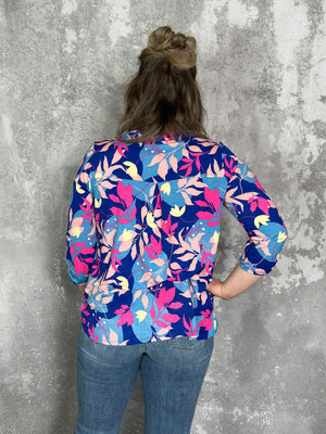 The Wrinkle Free Lizzie Top - Blue with Shades of Pink Florals (Small - 3X) *NEW