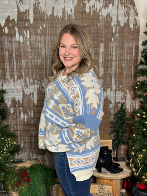 Blue/Camel Aztec Vneck Sweater