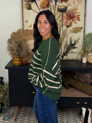 Forest Green Striped Sweater with Buttons and Reverse Hem