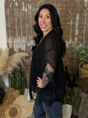 Lace Detail Black Kimono (Small - 3X)