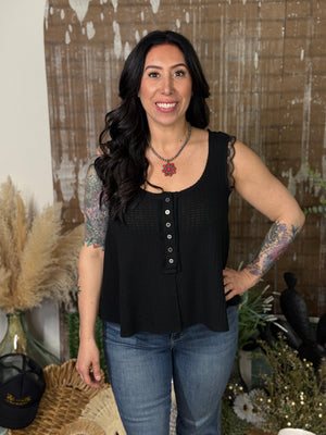 Black Button Tank with Lace Trim