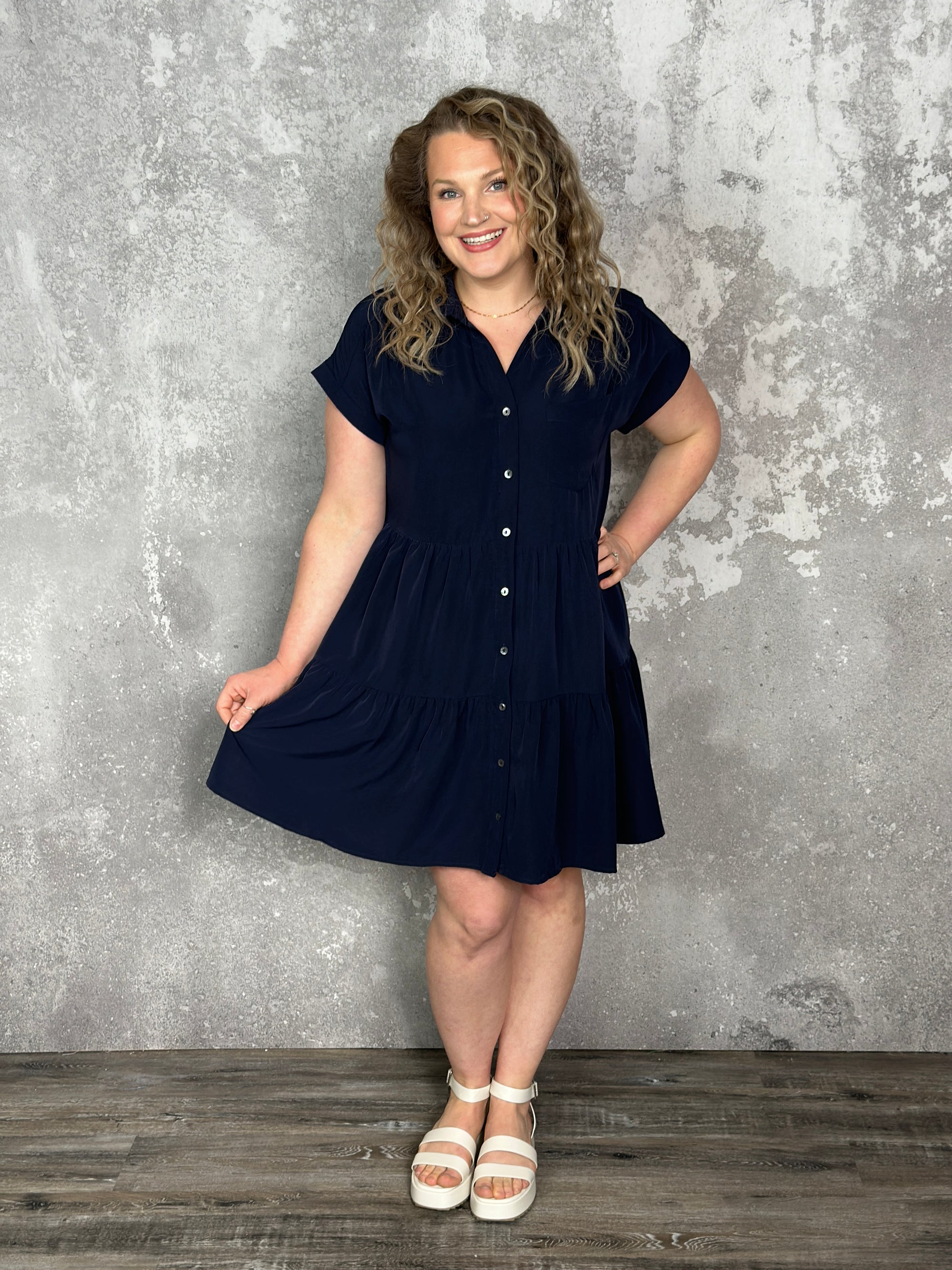 Tiered Button Up Pocket Dress - Navy