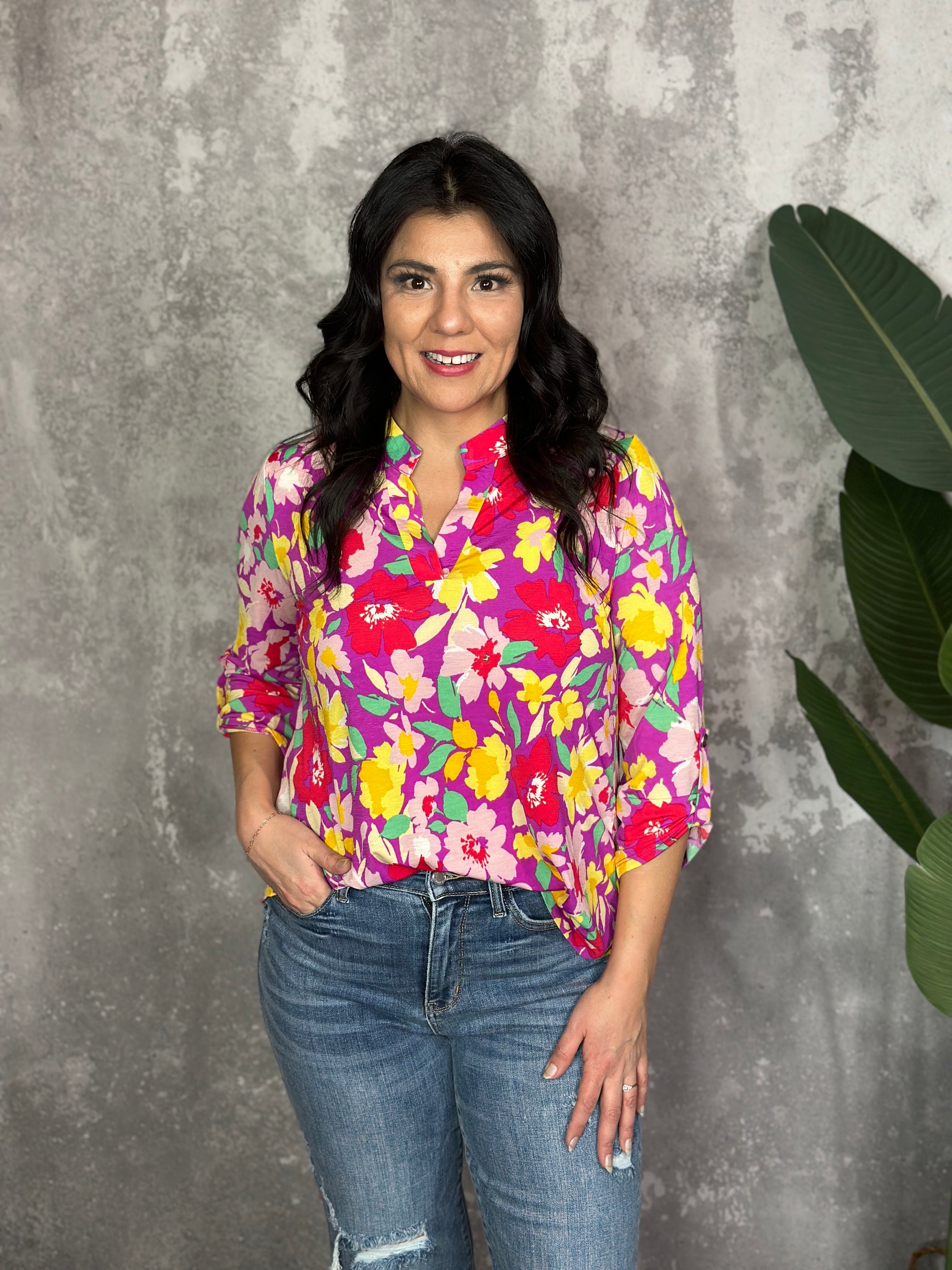 The Wrinkle Free Lizzie Top - Magenta with Large Spring Florals (Small - 3X)