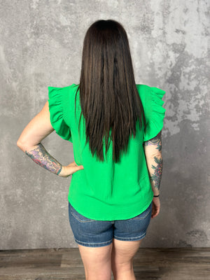 The Rebecca Ruffle Sleeve Top - Green-FINAL SALE