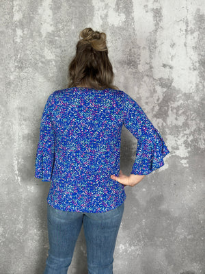 The Wrinkle Free 3/4 Ruffle Sleeve Lizzie Top - Blue with Specs of Color (Small - 3X)