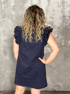 Mineral Wash French Terry Ruffle Sleeve Dress - Navy