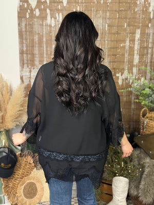 Lace Detail Black Kimono (Small - 3X)
