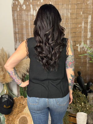 Black Button Tank with Lace Trim