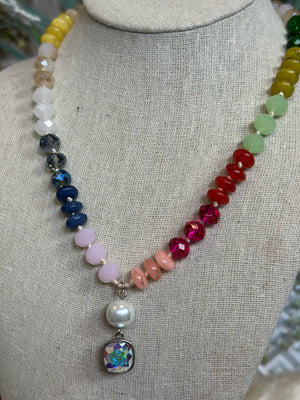 Multicolored Necklace with Pear and Austrian Square Crystal