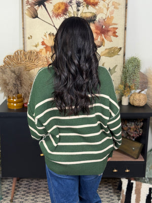 Forest Green Striped Sweater with Buttons and Reverse Hem