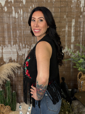 Embroidered Rose Fringe Vest