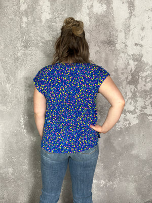 The Wrinkle Free Short Sleeve Lizzie Top - Blue with Micro Pink/Yellow Florals (Small - 3X)