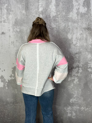 Relaxed Fit Raw Hem Coastal Polo Sweatshirt  - Pink/Grey