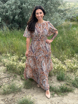 Fall Paisley Chiffon Maxi Dress (Small - 2X)