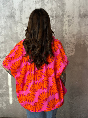 Bright Pink and Orange Short Sleeve Blouse (Small - 2X)