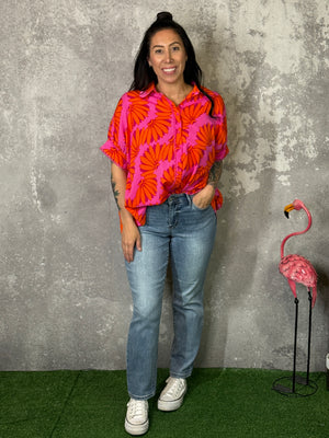 Bright Pink and Orange Short Sleeve Blouse (Small - 2X)