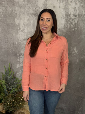 Coral Gauze Button Up (Small - 3X)