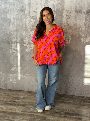Bright Pink and Orange Short Sleeve Blouse (Small - 2X)