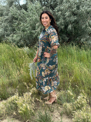 Teal 3/4 Sleeve Collared Dress (Small - 2X)