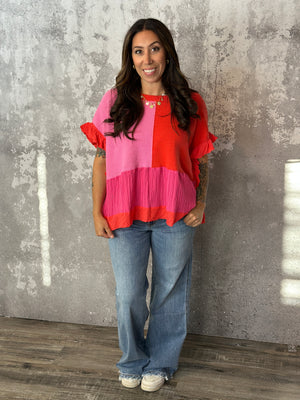 Orange and Pink Colorblock Knit top with Ruffle (Small - 3X)
