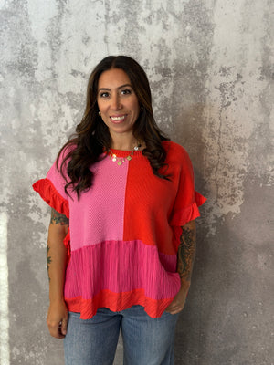 Orange and Pink Colorblock Knit top with Ruffle (Small - 3X)