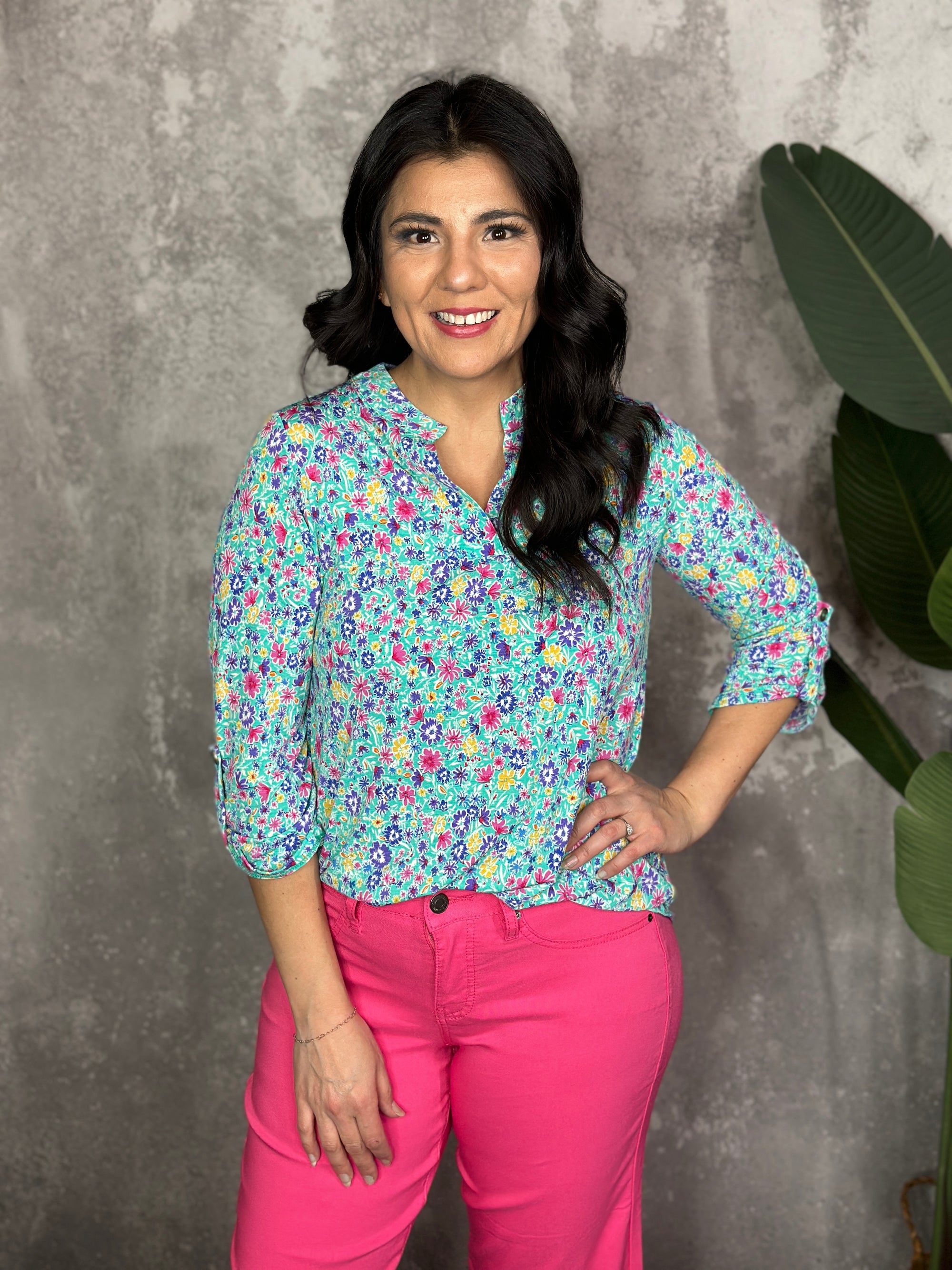 The Wrinkle Free Lizzie Top - Teal with Multi Color Micro Floral (Small - 3X)