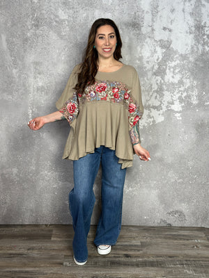 Tan Poncho Style Top with Floral Embroidery