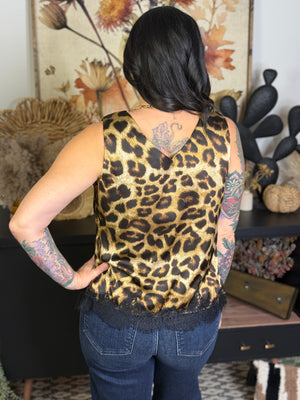 Satin Lace Trim Tank - Leopard (Small - 3X)
