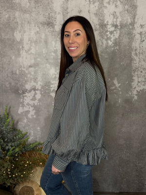 Navy Stripe Button Up Peplum Top