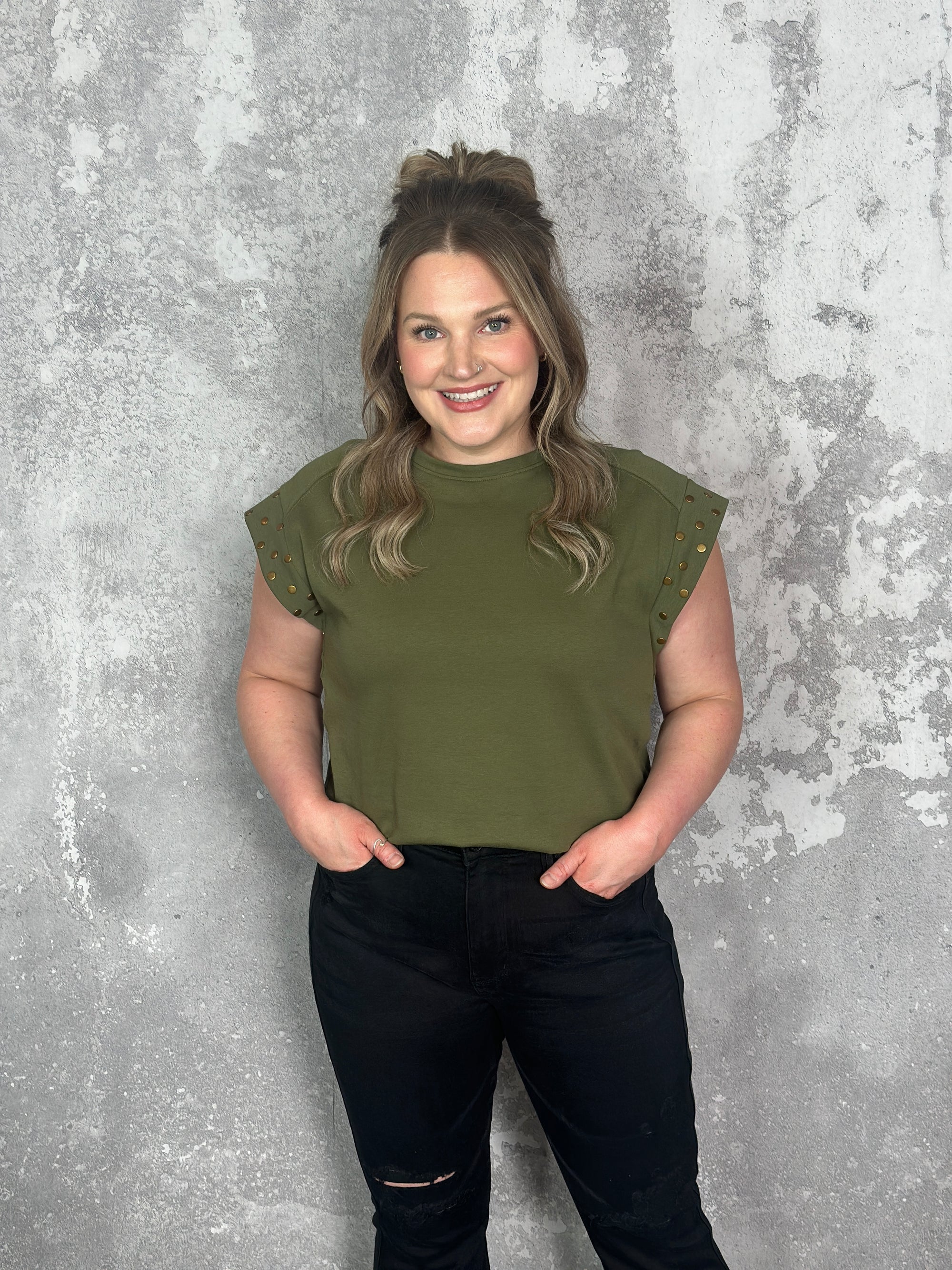 Drop Studded Top - Olive (Small - 3X)
