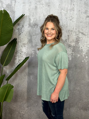 Basic Slub Jersey Tee with Rolled Sleeves - Sage - FINAL SALE