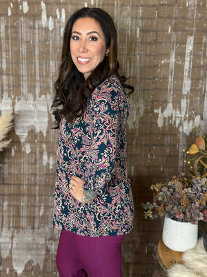 The Lux 3/4 Sleeve Lizzie Top - Dark Teal Floral