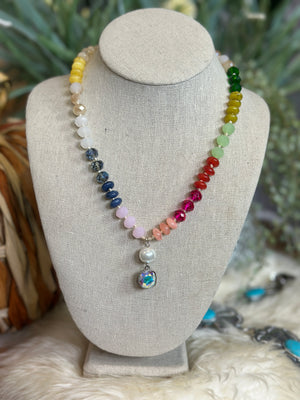 Multicolored Necklace with Pear and Austrian Square Crystal