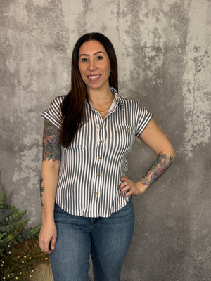 Grey Stripe Short Sleeve Top (Small - 3X)