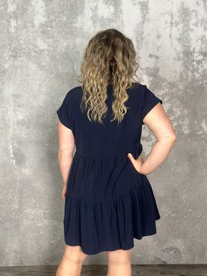 Tiered Button Up Pocket Dress - Navy