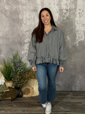 Navy Stripe Button Up Peplum Top