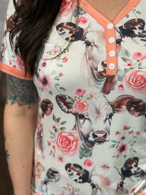 Buttery Shirley Lounge Nightgown - Floral Cow (XS- 3X)
