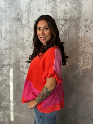 Orange and Pink Colorblock Knit top with Ruffle (Small - 3X)