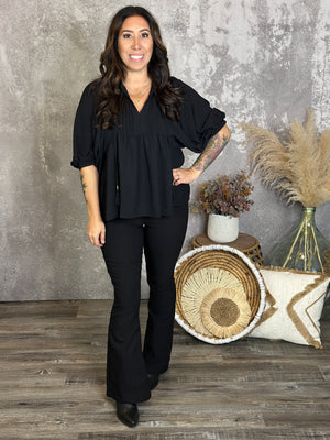 3/4 Sleeve Pleated Top - Black (Small - 3X)