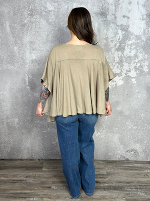 Tan Poncho Style Top with Floral Embroidery