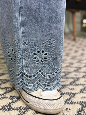 Lasar Cut Denim with Elastic Waistband