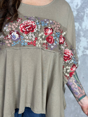 Tan Poncho Style Top with Floral Embroidery