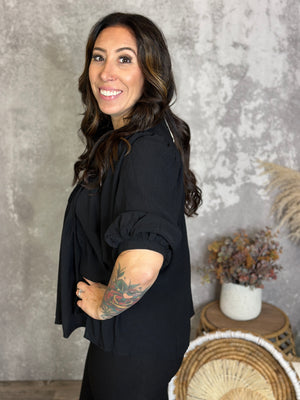 3/4 Sleeve Pleated Top - Black (Small - 3X)