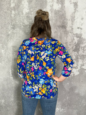 The Wrinkle Free Lizzie Top - Blue with Bright Abstract Florals (Small - 3X) *NEW