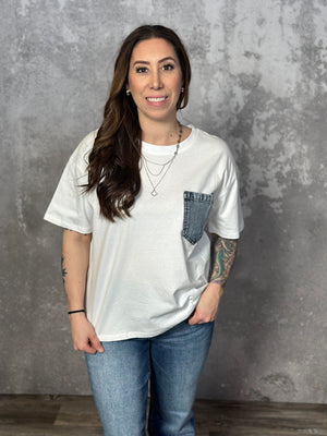 Denim Pocket Tee - White (Small - 3X)