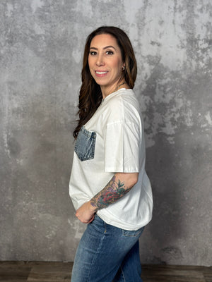 Denim Pocket Tee - White (Small - 3X)