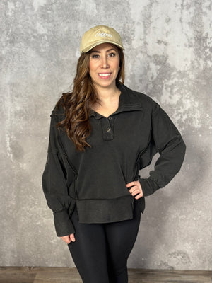 Black Mineral Wash Collared Sweatshirt (Small - 3X)