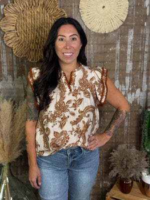 Caramel Paisley Ruffle Sleeve Top (Small - 2X)