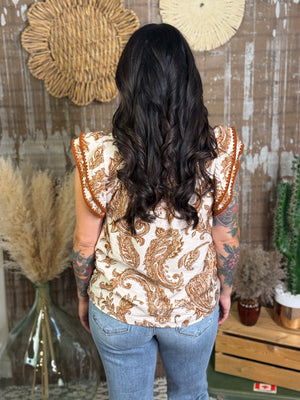 Caramel Paisley Ruffle Sleeve Top (Small - 2X)