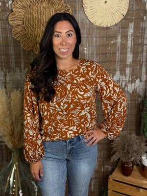 Rust Floral Long Sleeve Blouse (Small - 3X)